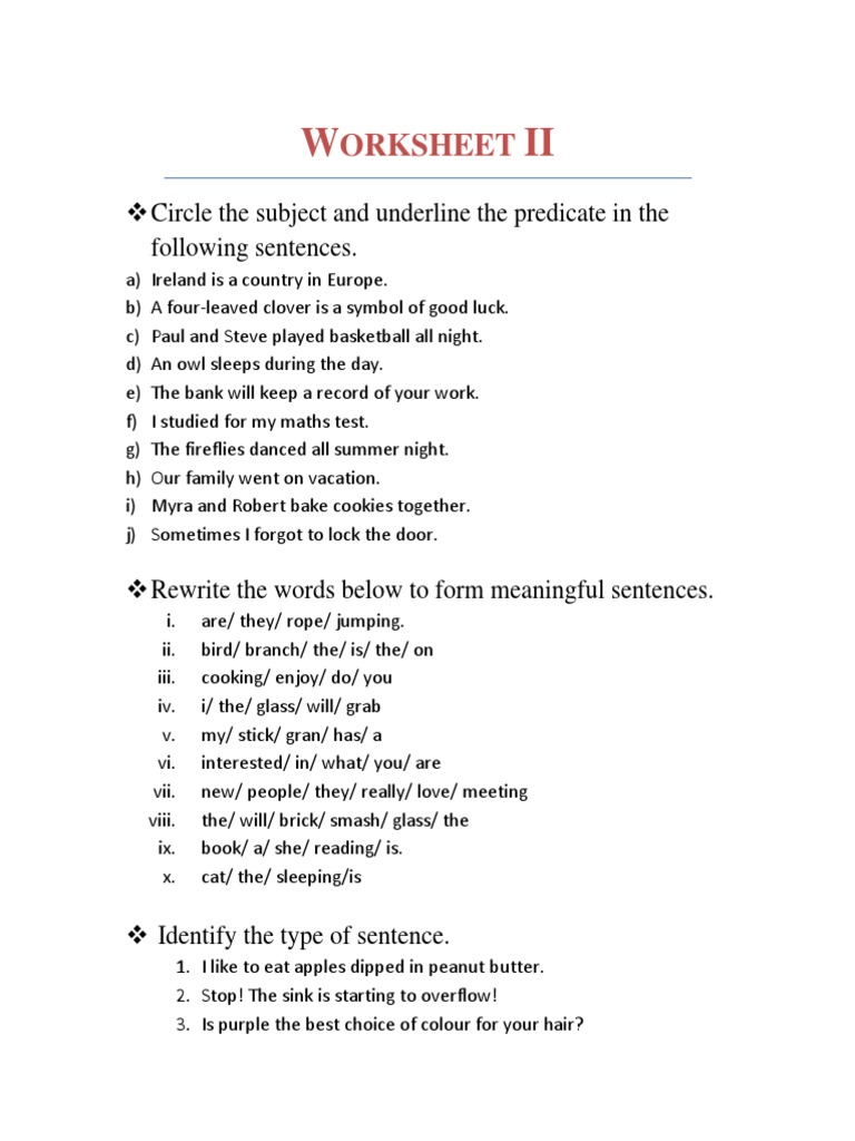 Worksheet II Sentences Class 6 PDF