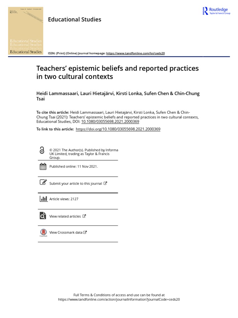 Teachers Epistemic Beliefs and Reported Practices in Two Cultural ...