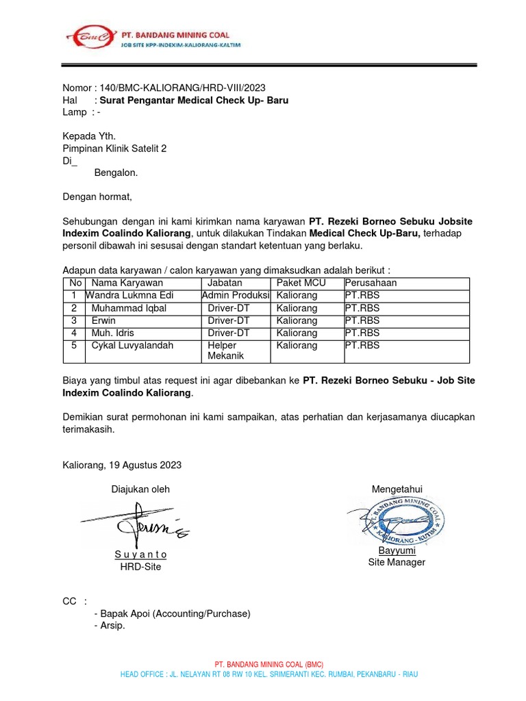 Surat Pengantar MCU Karyawan PT RBS | PDF | Pengelolaan Keuangan & Uang