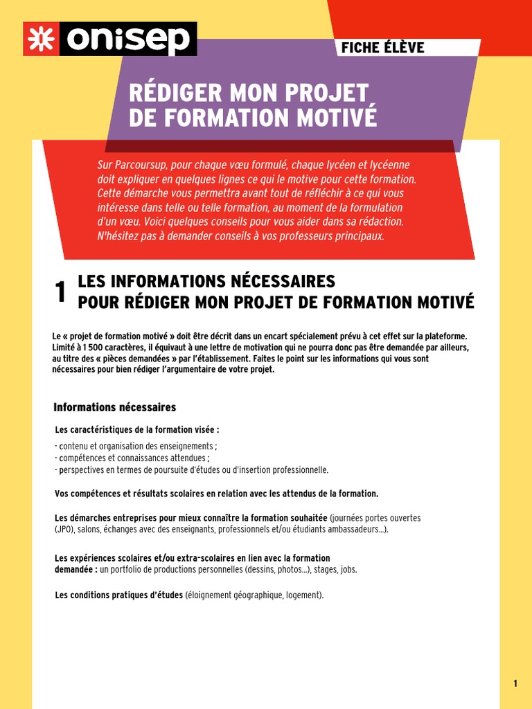 Fiche Onisep Eleve Redaction Projet Formation Motive 1058537 | PDF