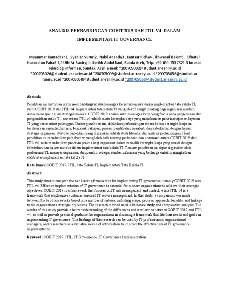 Analisis Perbandingan Cobit 2019 Dan Itil V4 Dalam Implementasi It