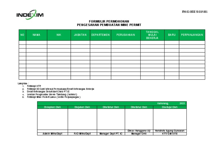 FM-02-HSE 50.019.001. Form Permohonan Mine Permit | PDF