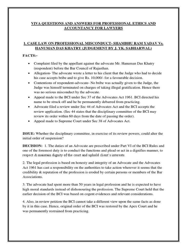 Viva Professional Ethics Pdf Advocate Lawyer