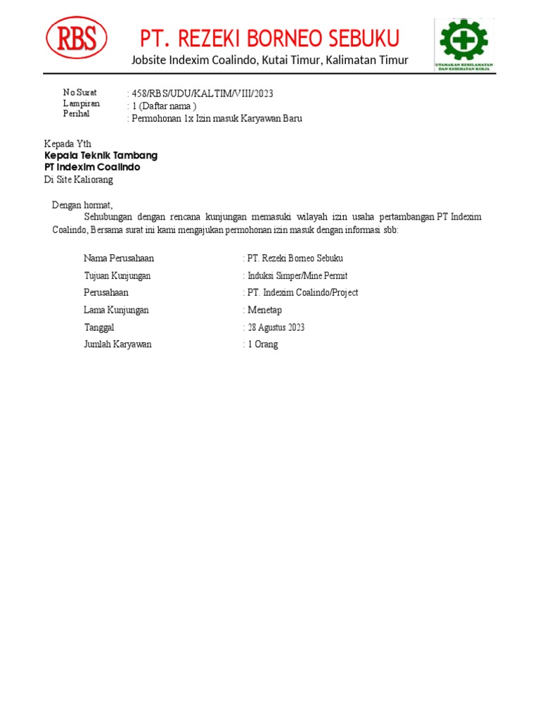 Surat Izin Masuk PT - RBS (7 Orang) - Under Unggul | PDF