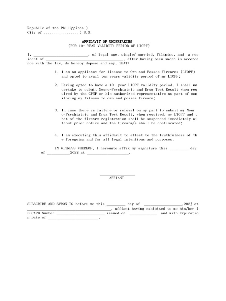 Affidavit of Undertaking for LTOPF | PDF | Law
