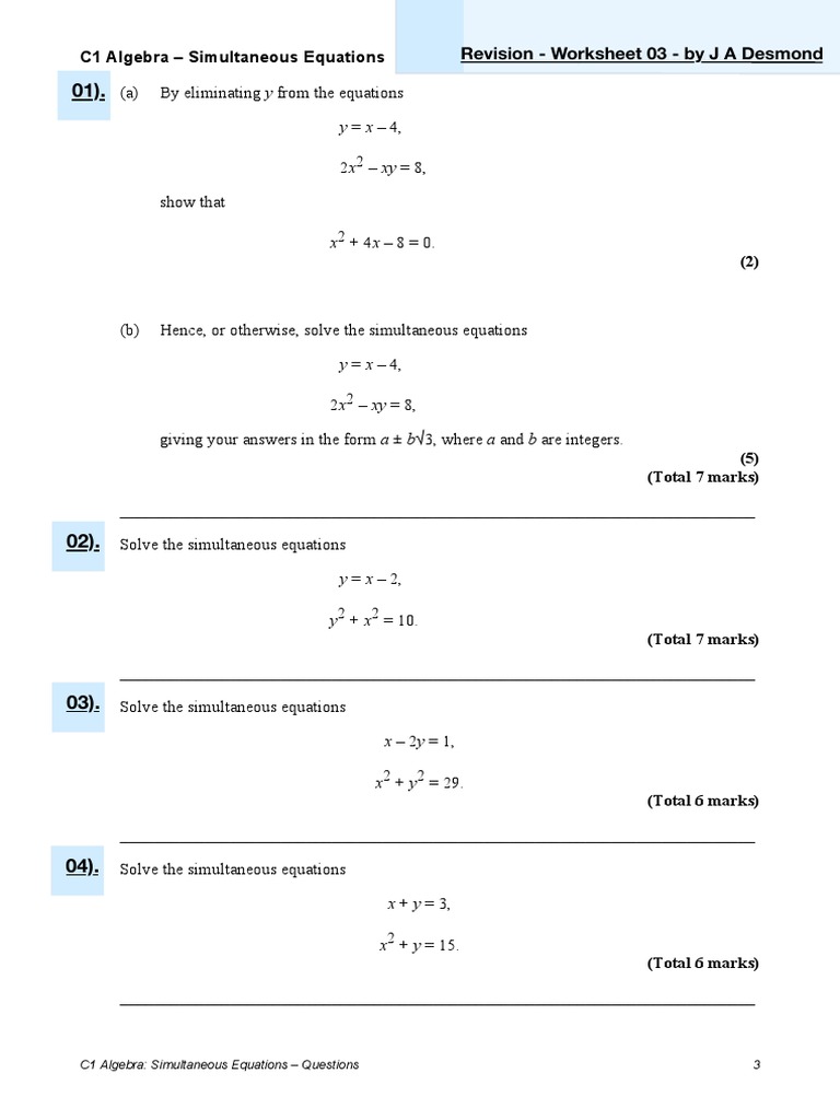 Work Sheet 03 - Edexcel - Pure 1 | PDF | Equations | Quadratic Equation