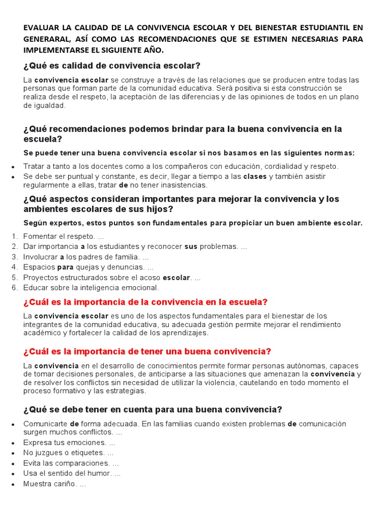 De La Convivencia Escolar y Del Bienestar Estudiantil en Generaral ...