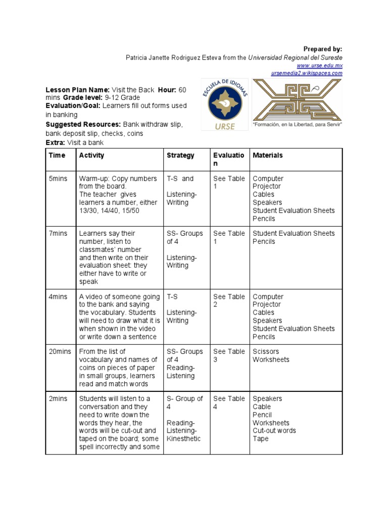 4 Skill Lesson Plan: Going to the Bank | Money | Cheque