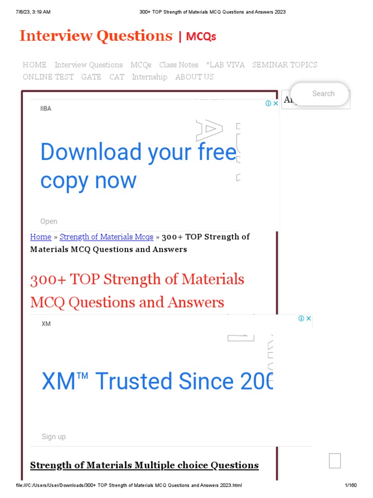 300+ TOP Strength of Materials MCQ Questions and Answers 2023444444 PDF