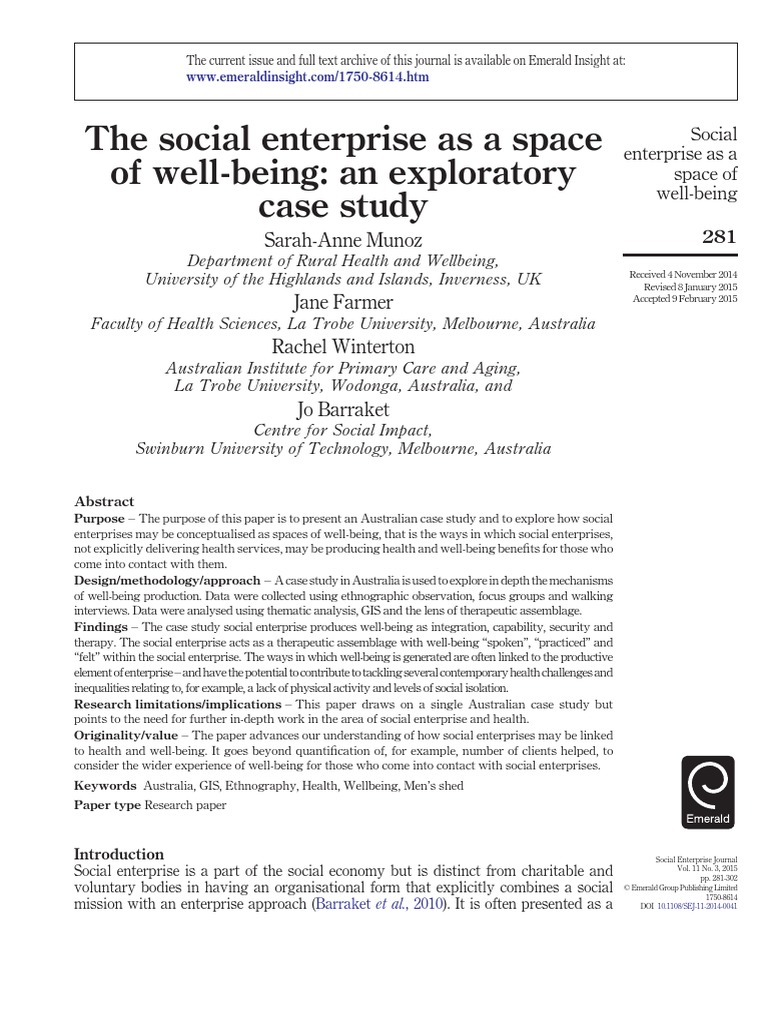 Outthe Social Enterprise As A Space of WellBeing An Exploratory Case