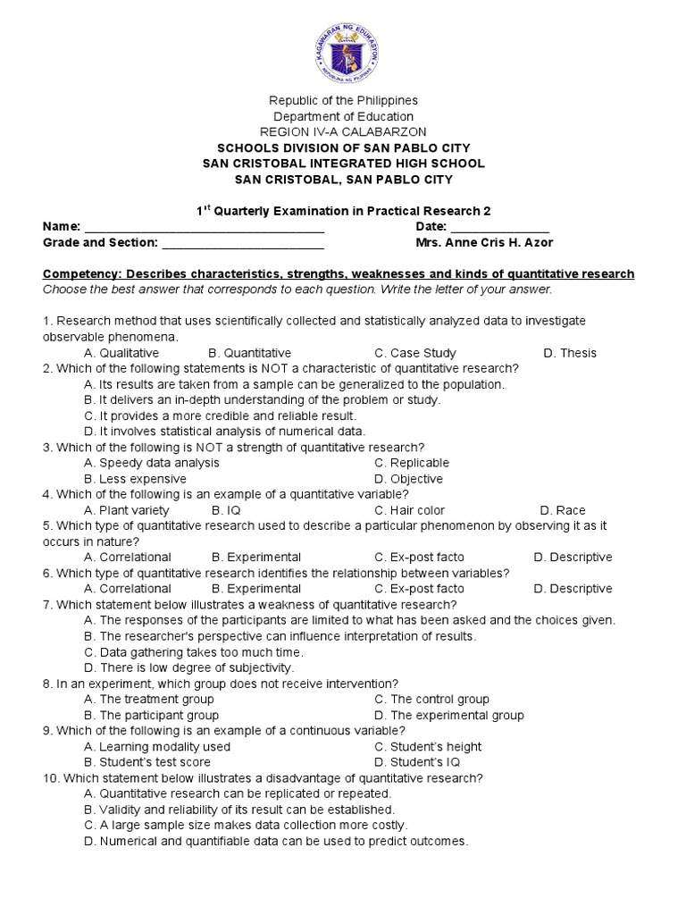 Practical Research 2 Exam and Review Guide | PDF | Quantitative ...
