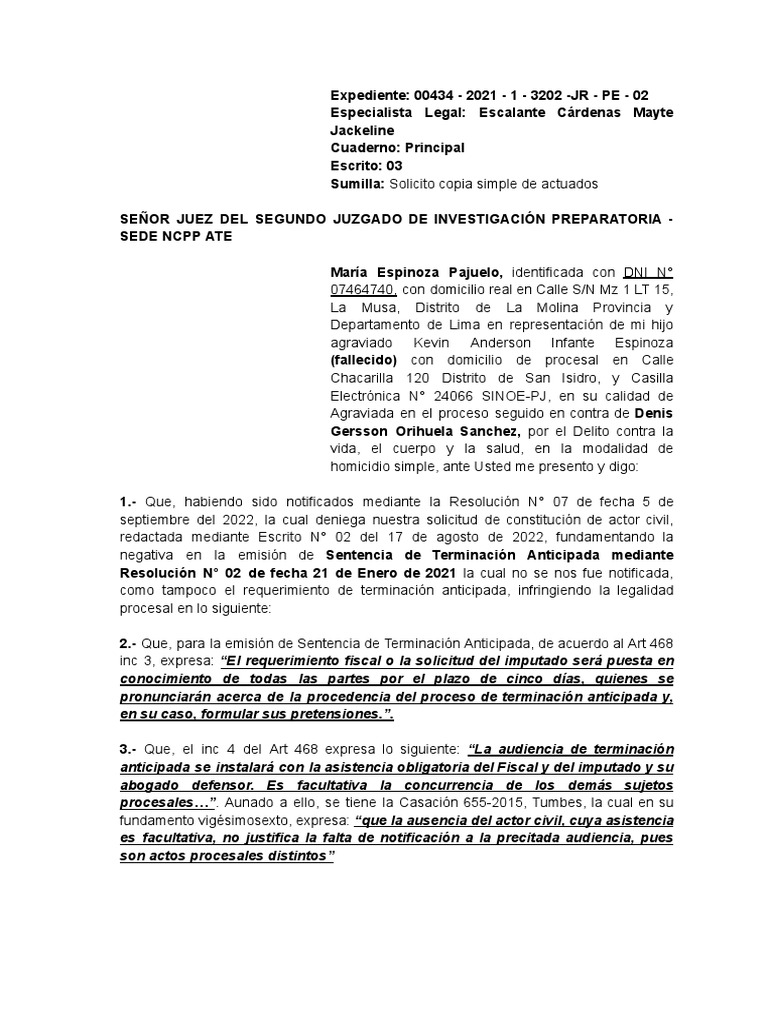 Solicito Copia de Sentencia de Terminación Anticipada | PDF