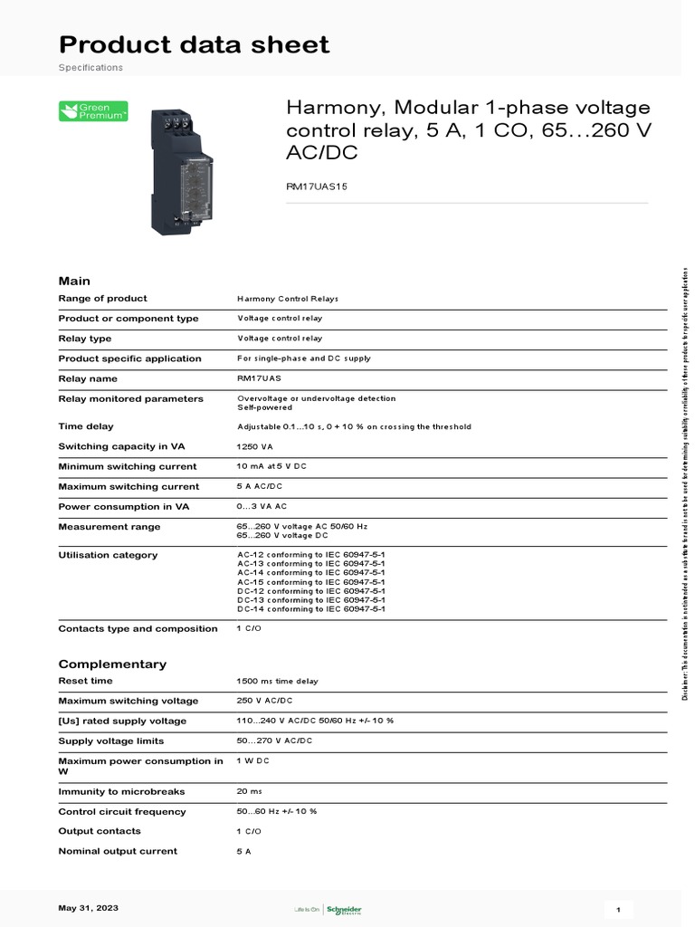 Harmony RM17UAS Voltage Control Relay | PDF | Relay | Alternating Current