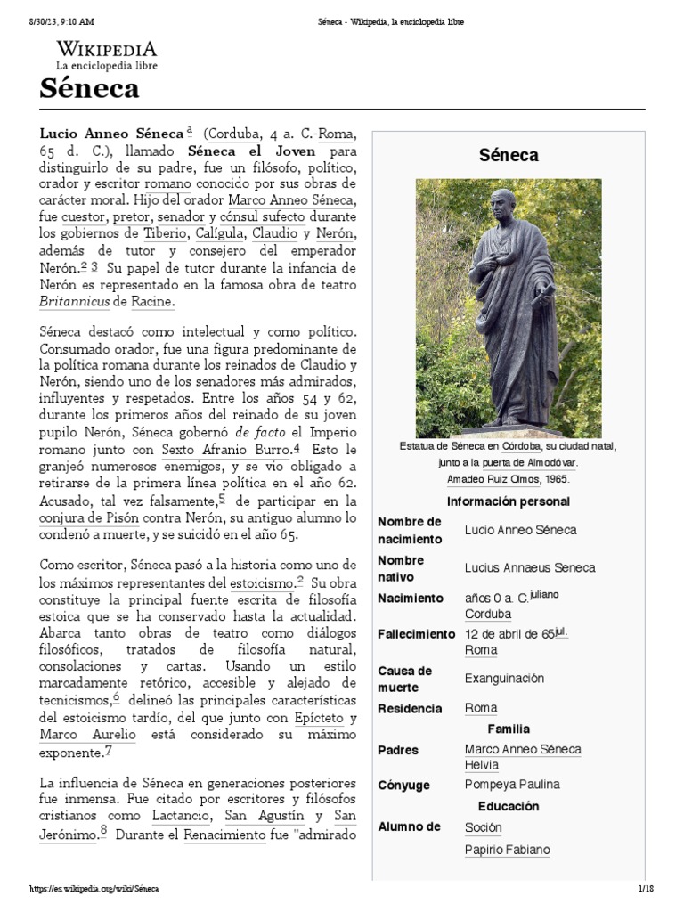Séneca - Wikipedia, La Enciclopedia Libre | PDF | Séneca El Joven | Claudio