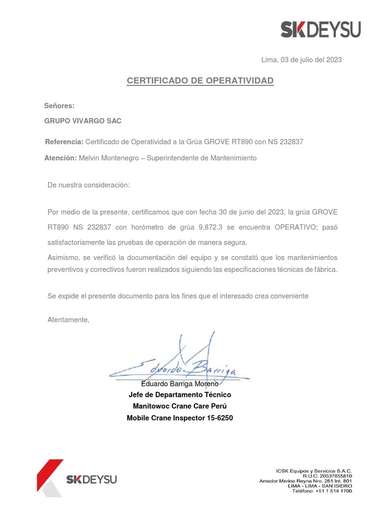 Certificado de Operatividad Grúa GROVE RT890 | PDF