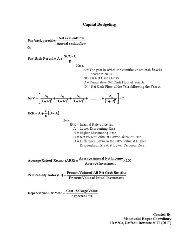 Formulas Capital Budgeting PDF Net Present Value Capital Budgeting