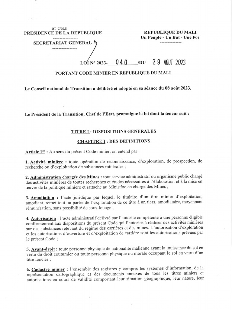 Nouveau Code Minier du Mali 2023 | PDF | Exploitation minière ...