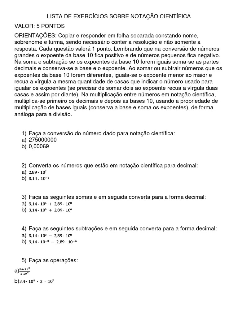 Exercícios Notação Científica | PDF
