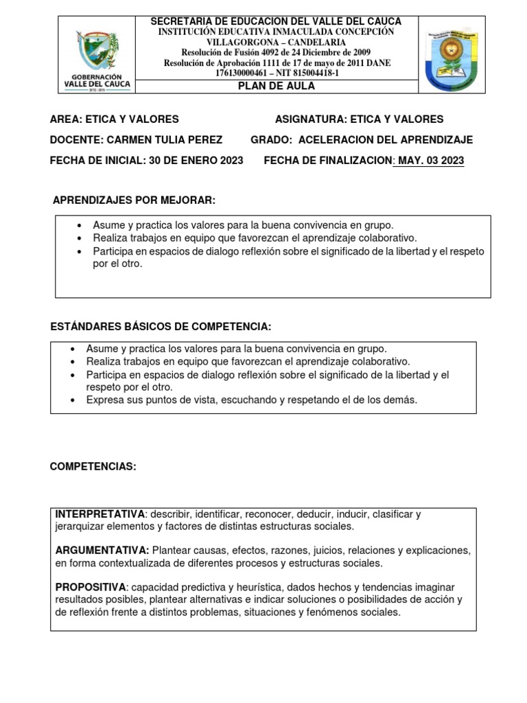 Plan de Aula: Ética y Valores | PDF | Aprendizaje | Maestros