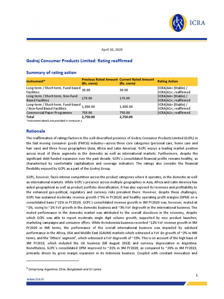 Godrej Consumer Products Limited Rating Reaffirmed Summary of Rating Action Download Free PDF