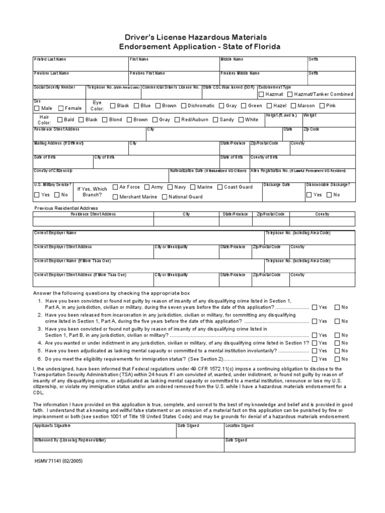 Driver's License Hazardous Materials Endorsement Application State of