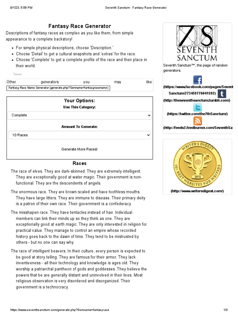 Seventh Sanctum - Fantasy Race Generator | PDF