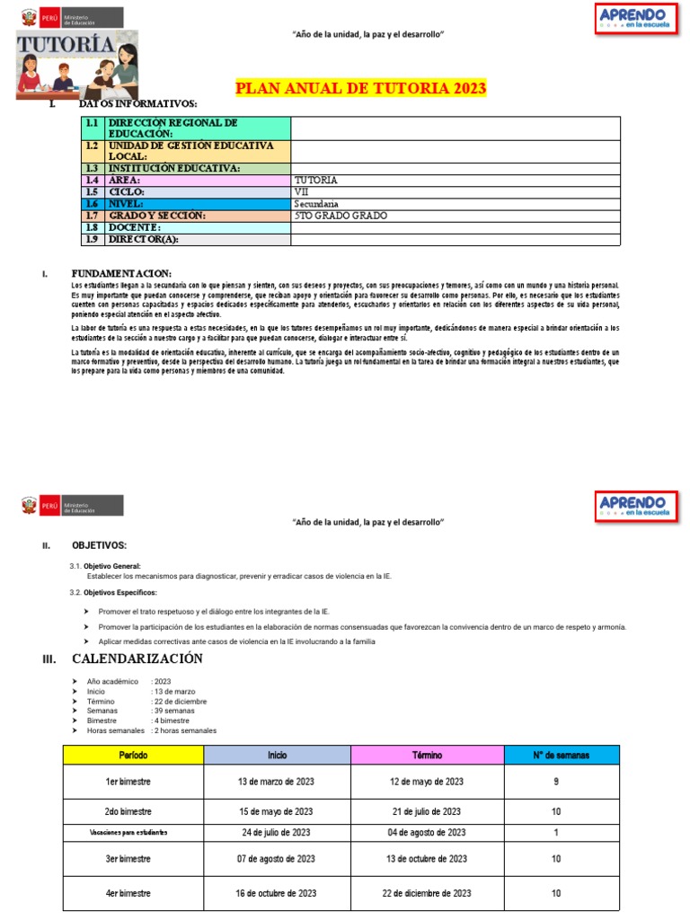Plan Anual de Tutoria - 2023 - 5to Grado | PDF | Aprendizaje | Evaluación