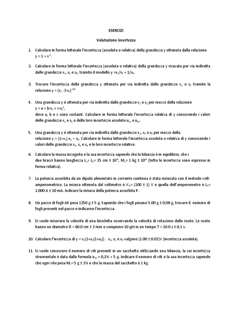 Esercizi Valutazione Incertezza | PDF