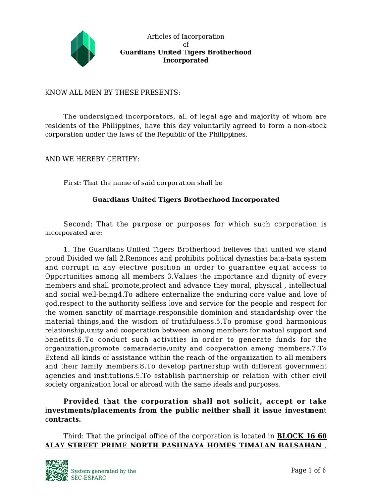 Articles of IncorporationNon Stock Corp Download Free PDF Board Of