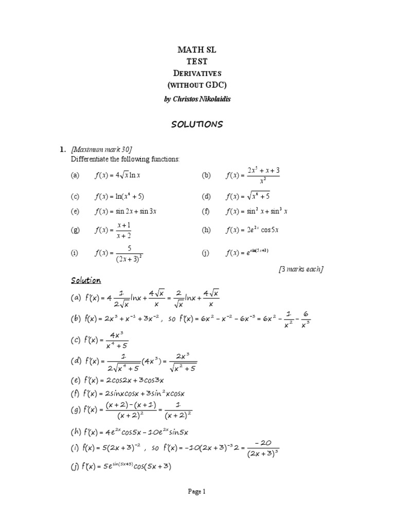 Derivatives Test Solutions | PDF | Tangent | Mathematical Physics