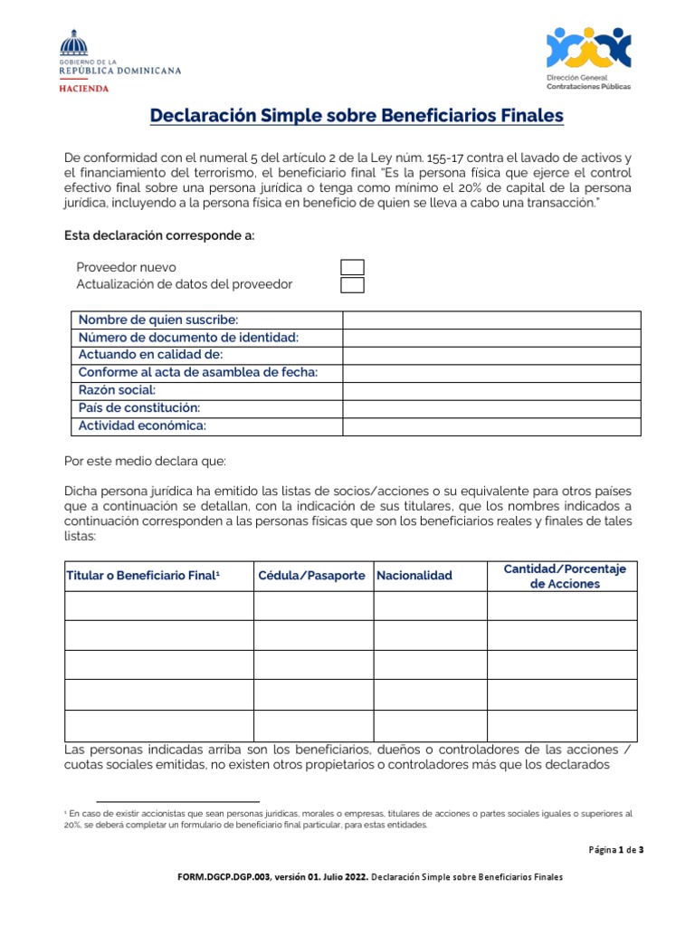 Declaracion Simple Sobre Beneficiarios Finales | PDF | Lavado de dinero
