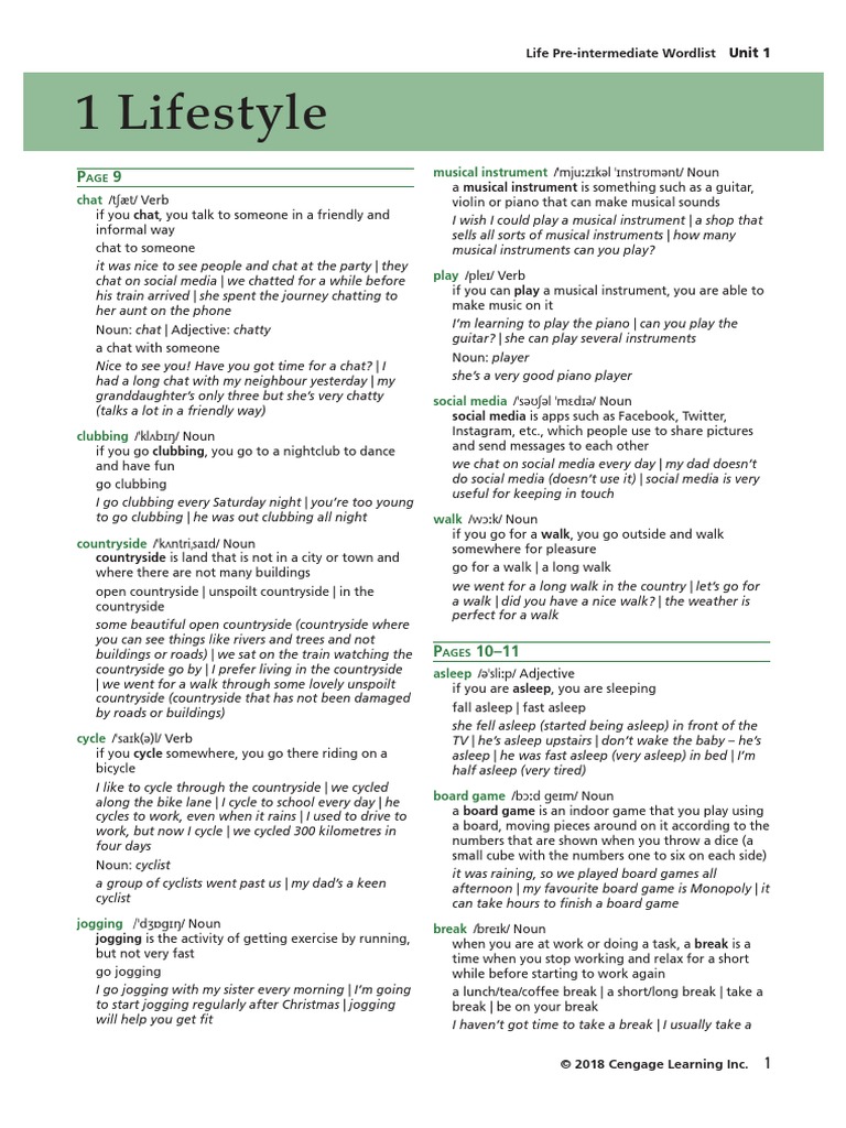 Life Pre-Int Wordlist Final Alphabetised Unit 1 | PDF | Adjective | Noun