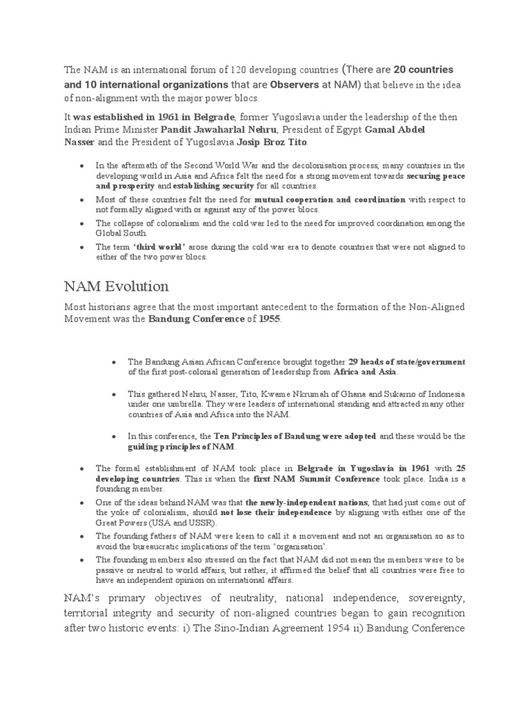 Nam History Pdf Non Aligned Movement International Relations