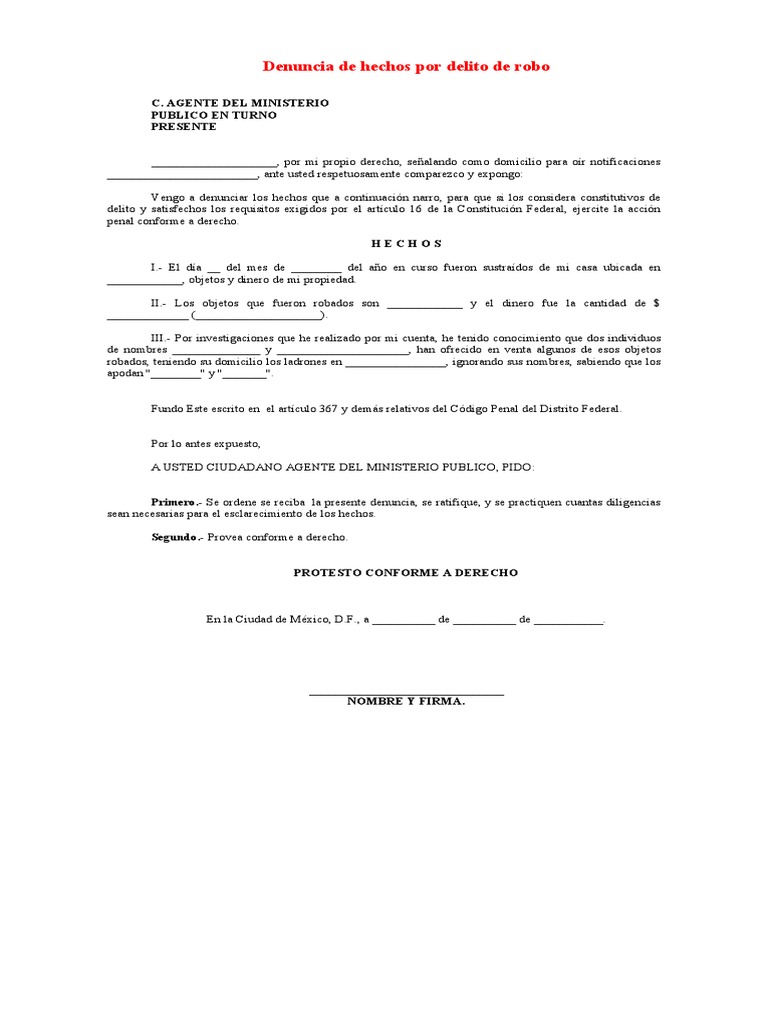 Denuncia de Hechos Por Delito de Robo | PDF