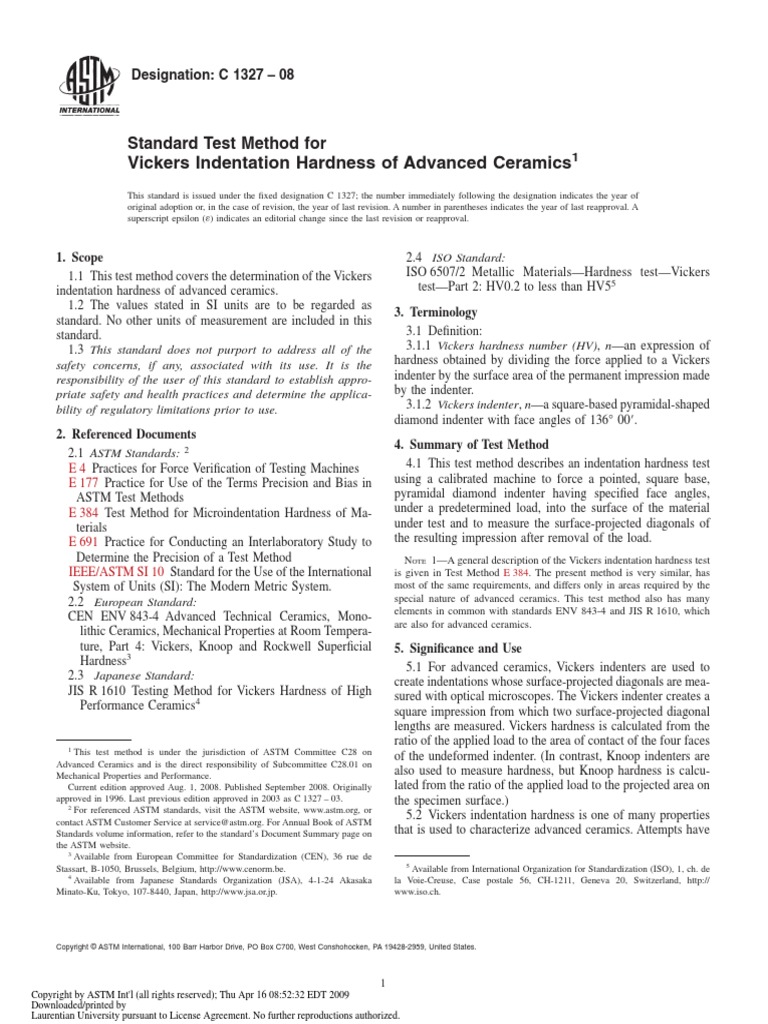 Vickers Indentation Hardness of Advanced Ceramics Standard Test Method