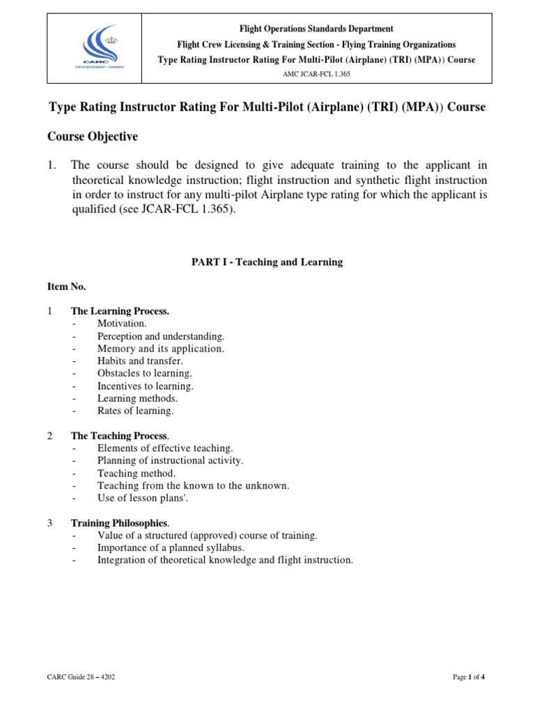 4202 Type Rating Instructor Rating Tri Mpa Course PDF Learning Aircraft