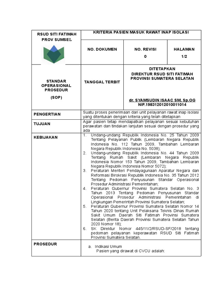 SOP Kriteria Masuk Ruang Cvcu | PDF