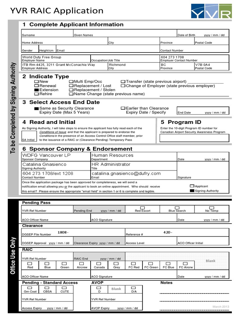 YVR RAIC Application Form Guide | PDF | Government