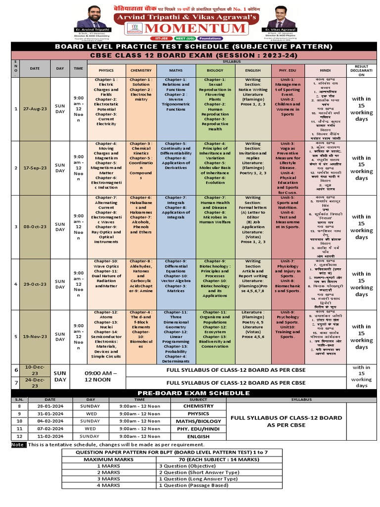 CBSE Class 12 Exam Schedule | PDF | Physical Sciences | Physics