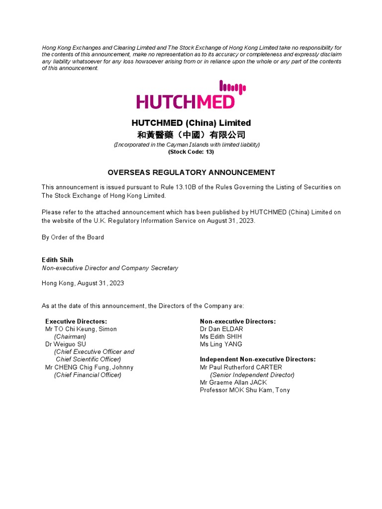 HUTCHMED (China) Limited Overseas Regulatory Announcement PDF