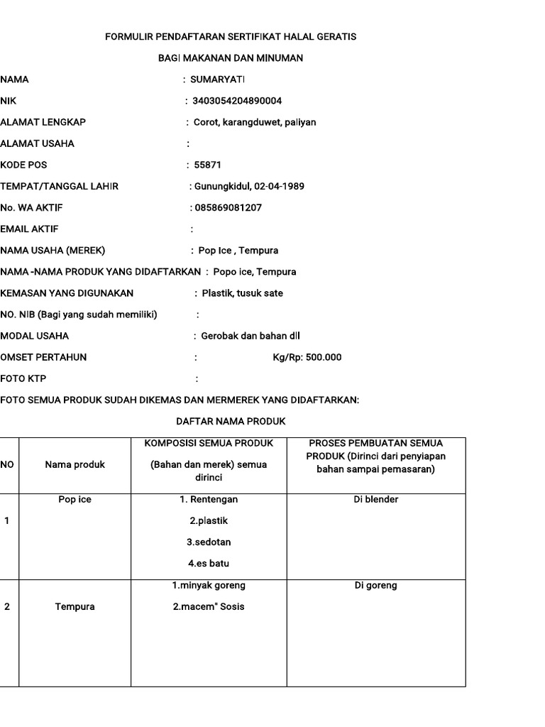 Formulir Sertifikat Halal | PDF