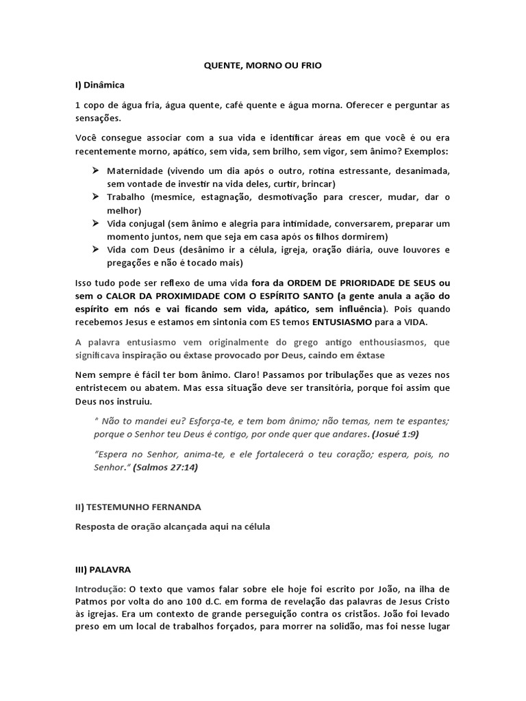 Célula Morno, Quente Ou Frio PDF Oração Jesus
