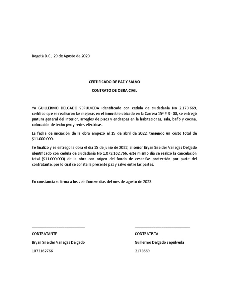 Certificado de Paz y Salvo de Obra Civil | PDF