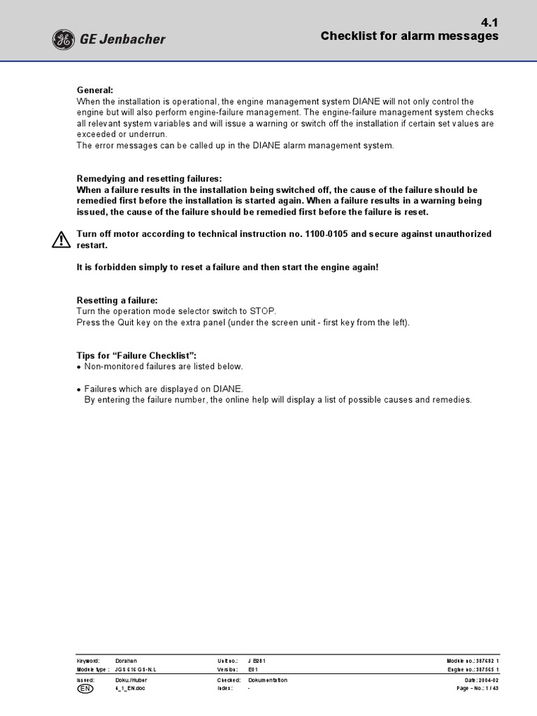 Alarm Message Checklist for Dorahan JGS 616 | PDF | Electric Generator ...