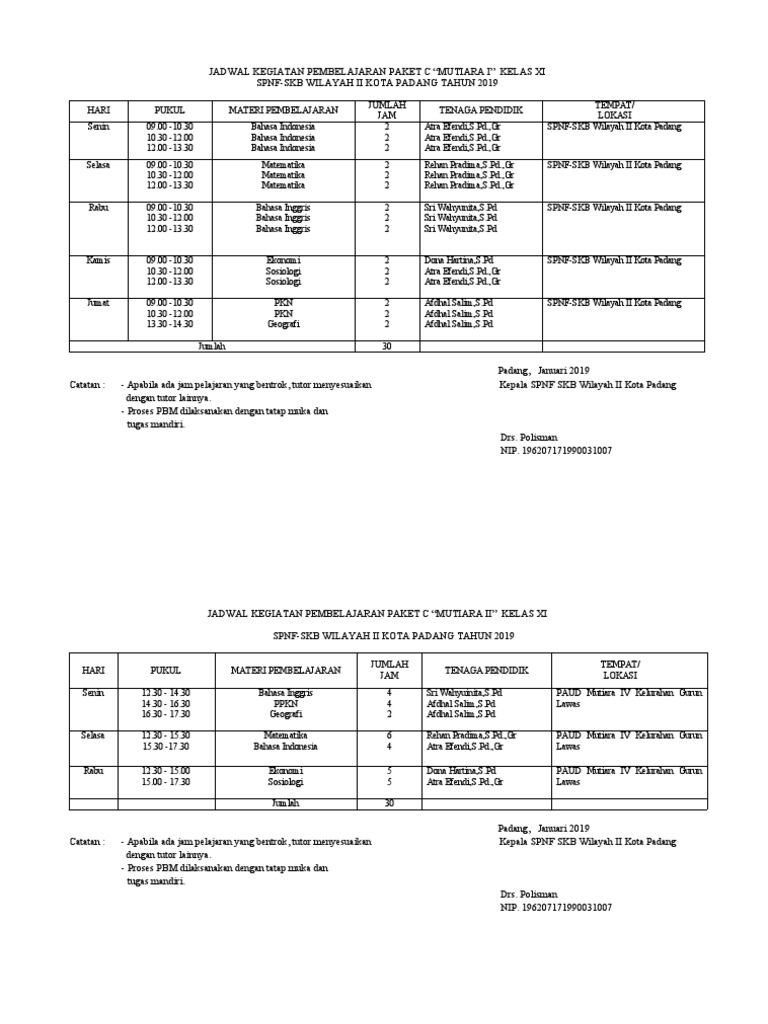Jadwal Pembelajaran Paket C dan B 2019 | PDF