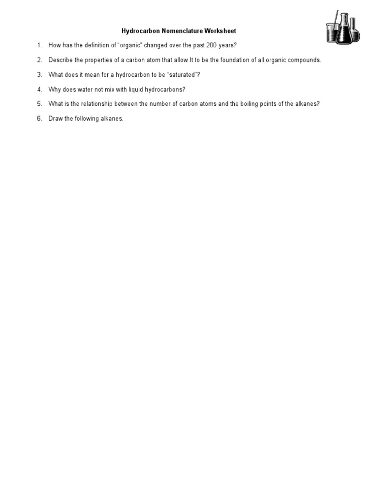 12 U Orgo 1 Hydrocarbon Nomenclature Worksheet PDF Hydrocarbons