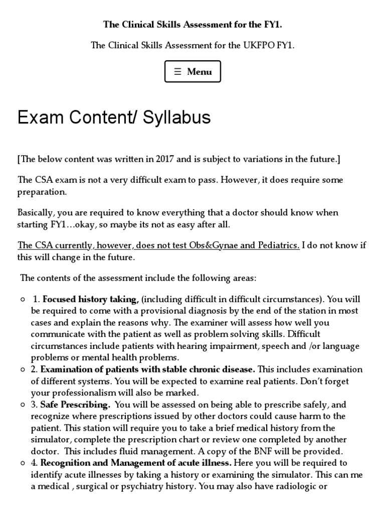 Exam Content Syllabus The Clinical Skills Assessment For The FY1 | PDF