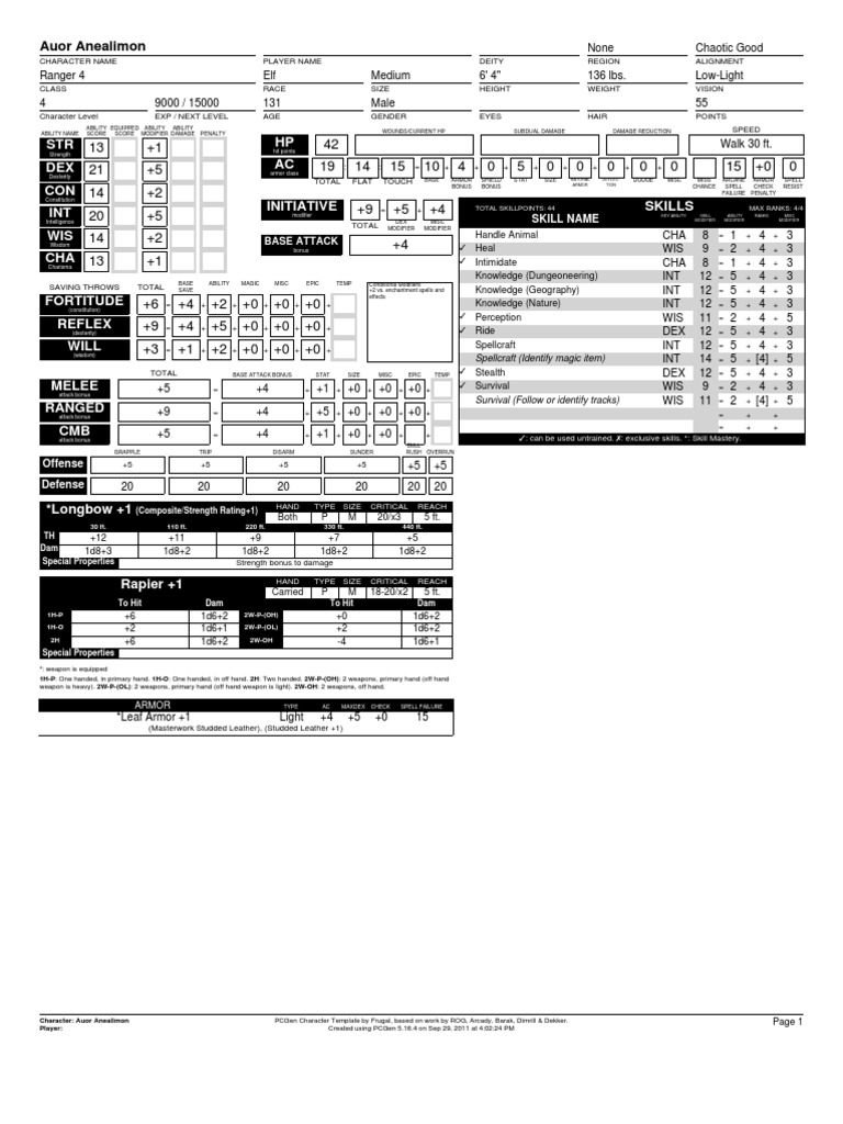 STR DEX CON INT WIS CHA HP AC: Auor Anealimon | PDF | Leisure