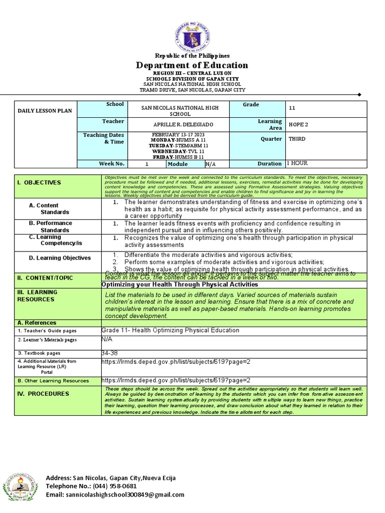 Grade 11 HOPE 2 Daily Lesson Plan | PDF | Learning | Cognitive Science