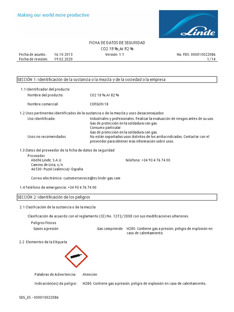 Ficha de Seguridad Corgon 18 Gas | PDF | Agua | Dióxido de carbono